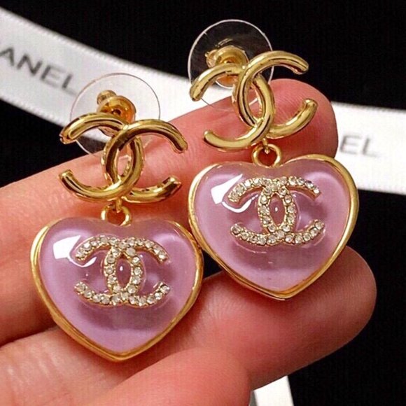CHANEL Jewelry - Chic Chanel Lavender Heart & Crystal CC Drop Earrings